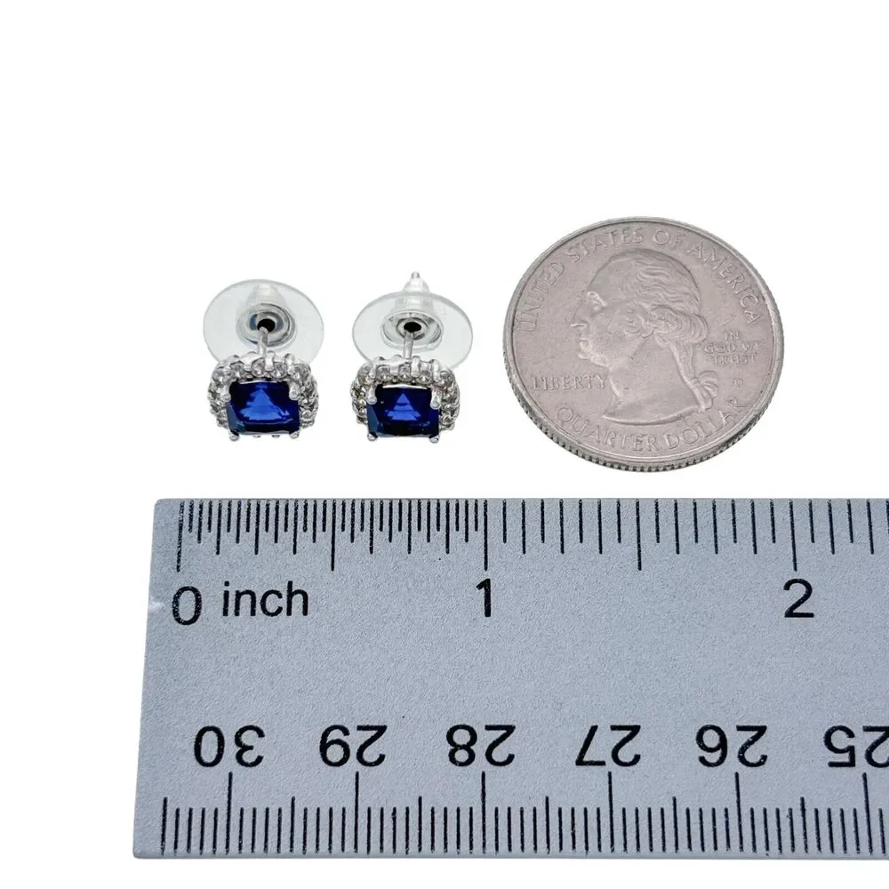 Vintage Sterling Silver 925 Blue Crystal Cubic Zirconia Framed Stud Earrings